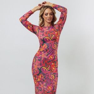 Kilo Brava Print Long Sleeve Mesh Midi Drsss